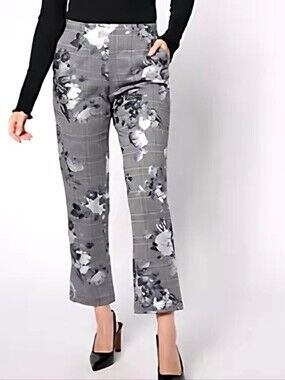Isaac Mizrahi gray plaid and floral mixed print pants